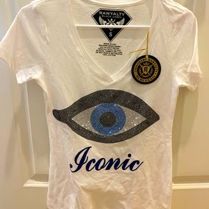 Rawyalty Black Label Iconic evil eye rhinestone white t shirt